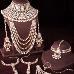 Peora Rose Gold White Ethnic Kundan Crystal & Beads Studded Bridal Necklace, MaangTikka, Hand Harness, Jhoomar, Nose Ring & Earrings Set-16