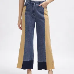 Iconic Blue & Beige Cotton Color-Block Regular Fit Mid Rise Jeans-4