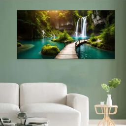Nestroots Canvas Enchanting Waterfall With Scenic Bridge Wall Painting - Black Floating Frame-38