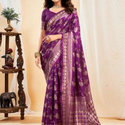 Satrani Purple Silk Blend Woven Saree With Unstitched Blouse-picture-2