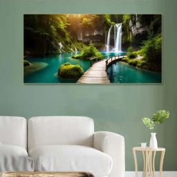Nestroots Canvas Enchanting Waterfall With Scenic Bridge Wall Painting - Gold Floating Frame-33