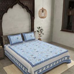 JaipurFabric Azure Cotton 210 TC Royal Rajasthani Printed Double Bedsheet with 2 Pillow Covers-47