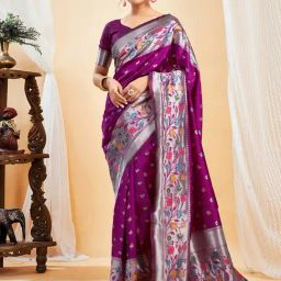 Satrani Purple Silk Woven Saree With Unstitched Blouse-image-86