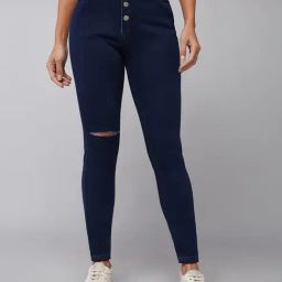 DOLCE CRUDO Dark Blue Distressed High Rise Jeans-image-72
