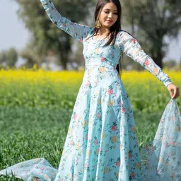 Femvy Floral Printed Empire Round Neck Anarkali Kurta With Dupatta-picture-13