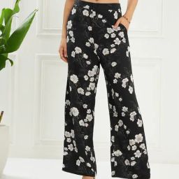 KASSUALLY Black & White Floral Print Regular Fit Mid Rise Trousers-image-80