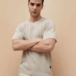 Code By Lifestyle Beige Regular Fit Self Pattern Polo T-Shirt-image-3