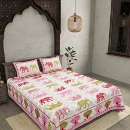 JaipurFabric Pink Pure Cotton 210 TC Jungle Safari Double Bedsheet with 2 Pillow Covers-image-56