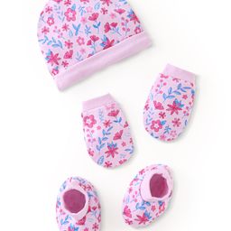 Babyhug 100% Cotton Cap Mittens & Booties Set - Pink-picture-14