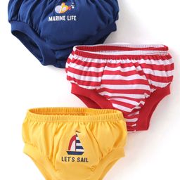 Doodle Poodle 100% Cotton Stripes & Marine Life Printed Briefs Pack of 3 -Navy Red & Yellow-image-18