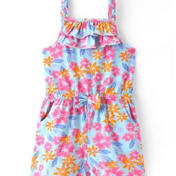 Babyhug 100% Cotton Jersey Knit Floral Print Shoulder Strap Jumpsuit with Bow Applique- Pink-image-78