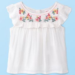 Babyhug 100% Rayon Woven Crinkle Crepe Frill Sleeves Woven Top With Floral Embroidery - White-image-113