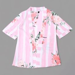 Actuel Georgette Three Fourth Sleeves Striped & Floral Printed Coordinating Top With Jacket - Pink White & Green-image-3