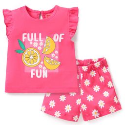 Babyhug Cotton Knit Frill Sleeves Floral & Lemon Printed Night Suit - Pink-image-22