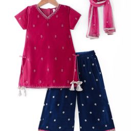 Babyhug Woven  Short Sleeves Velvet Sequinned Embroidered Kurti Palazzo & Dupatta Set with Tassle Detailing - Hot Pink-image-2
