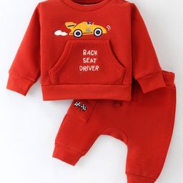 Ollypop Fleece Knit Full Sleeves T-Shirt & Lounge Pants Set With Race Car Embroidery - Red-13
