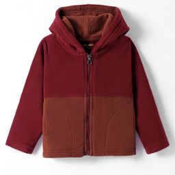 Kanvin Fleece Woven Full Sleeves Hooded Sweatjacket- Wine & Brown-image-37