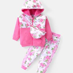 Babyhug Cotton Knit Full Sleeves Hooded Front Zipper Floral Printed Top & Lounge Pants Set With Sling Bag - White & Pink-picture-0