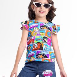 Ollington St. Disney Single Jersey Knit Cap Sleeves Top & Denim Shorts Set With Disney Princess Print - Multicolor-picture-43