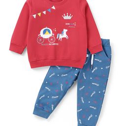 Kookie Kids Terry Knit Full Sleeves Winter Wear Suit With Text Print &Detailing - Red & Blue-image-14