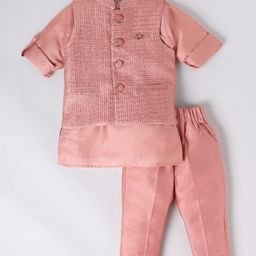 LITTLE COLLARS Silk Full Sleeves Solid Kurta Pyjama With Sequin Embroidered Jacket - Peach-image-19