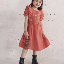 Tiny Twills Linen Half Puffed Sleeves Floral Embroidered & Bow Applique Detailed Dress - Rust Orange-image-1