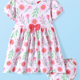 Babyhug 100% Cotton Knit Half Sleeves Floral Printed Frock with Bloomer & Bow Applique - White-image-40