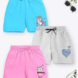 Trampoline Cotton Blend Pack Of 3 Unicorn & Hearts Printed Shorts - Sky Blue Grey & Pink-image-19