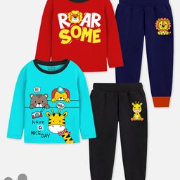 Trampoline Cotton Blend Knit Pack Of 2 Full Sleeves Animals & Typography Printed Night Suit Set - Multi Colour-image-67