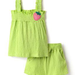 Babyhug Single Jersey Knit Sleeveless Solid Color Top & Shorts Set with Bow Applique & Strawberry Patch - Light Green-image-18