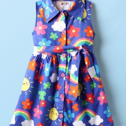 Twetoons Knit Sleeveless Frock with Floral Print - Royal Blue-image-87