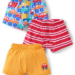 Babyhug 100% Cotton Antibacterial Above Knee Length Trunk With Stripes & Vehicle Print Pack of 3 - Red Yellow & Blue-image-74