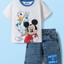 Babyhug Disney Single Jersey Knit Half Drop Shoulder Sleeves T-Shirt & Denim Shorts Set With Mickey & Friends Graphics - White & Blue-image-29