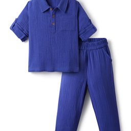 Bonfino 100% Cotton Woven Double Gauze Full Sleeves Solid Shirt & Trouser Co-Ord Set - Blue-image-47