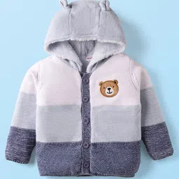 Babyhug Knit Full Sleeves Fur Lined Hooded Front Open Sweater with Color Blocks & Bear Patch - Blue-picture-46