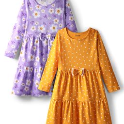 Honeyhap Premium 100% Cotton Knit Full Sleeves Frock with Polka Dots & Floral Print Pack of 2 - Yellow & Purple-picture-10