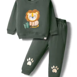 Little Darlings Fleece Knit Full Sleeves Winter Wear T-Shirt & Joggers Set With Lion Patch & Embroidery - Dark Green-picture-1