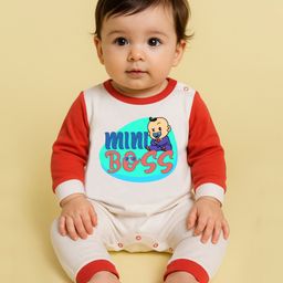 The Peppy Tend 100% Cotton Knit Full Sleeves Mini Boss Text Printed Romper - White & Red-image-79