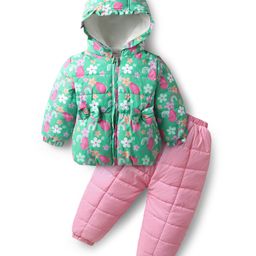 Babyhug Woven Full Sleeves Front Zipper Winter Wear Suit Set with Quilted Pant Floral Print Frill Detailing on Hoodie & Bow Applique - Green & Pink-image-10