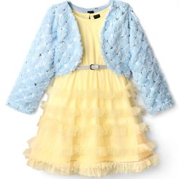 Hola Bonita Knit Full Sleeves Sequin Party Dress with Fur Shrug Glitter Mesh & Belt - Yellow & Light Blue-picture-16