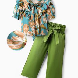 OLLINGTON ST. Rayon Floral Printed Half Sleeves Woven Top & Twill Pant Set with Belt - Multicolor & Green-image-64