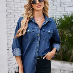 Oh Rare Women Solid Navy Blue Full Sleeves Denim Jacket-image-87