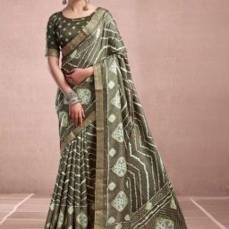 Satrani Olive Green Printed Saree With Unstitched Blouse-image-29