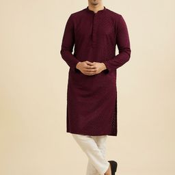 Manyavar Floral Embroidered Mandarin Collar Thread Work Kurta With Trousers-picture-58