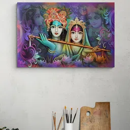 Tushaco Handicrafts Purple & Green 1 Piece Radha Krishna Religious Canvas Wall Art-image-92