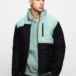 Bewakoof Black & Light Green Relaxed Fit Colour-Block Puffer jacket-11