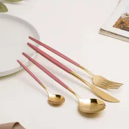 Nestasia Pink  & Golden stainless Steel cutlery set(1 Fork + 1 Knife +1 Table spoon +1 Desert spoon)-0
