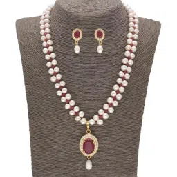 Sri Jagdamba Pearls Timeless Elegance Red & Pearl White Necklace and Earring Set-34