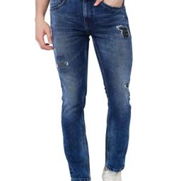 Spykar Blue Cotton Regular Fit Distressed Jeans-image-99