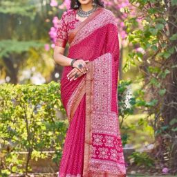 Satrani Pink Printed Saree With Unstitched Blouse-image-63